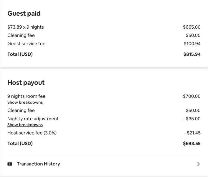Actual Airbnb booking showing fees